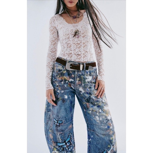 We The Free Good Luck Barrel Illusions Jeans Butterfly Paint Splatter 33 NWT - Picture 4 of 10